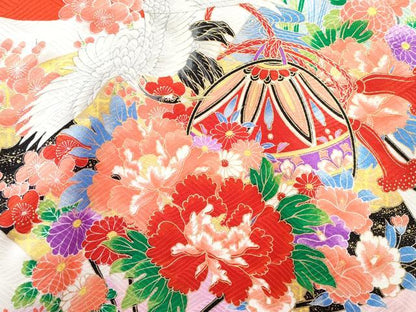 平和屋着物[]お宮参り　女の子　祝着　産着　初着　のしめ　扇面飛鶴鞠花文　暈し染め　金彩　逸品　DABE7398ma