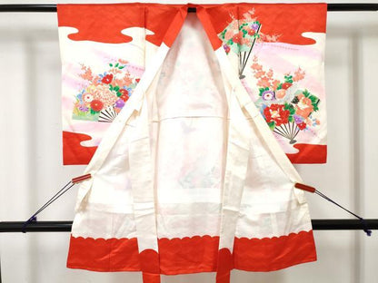 平和屋着物[]お宮参り　女の子　祝着　産着　初着　のしめ　扇面飛鶴鞠花文　暈し染め　金彩　逸品　DABE7398ma