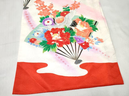 平和屋着物[]お宮参り　女の子　祝着　産着　初着　のしめ　扇面飛鶴鞠花文　暈し染め　金彩　逸品　DABE7398ma