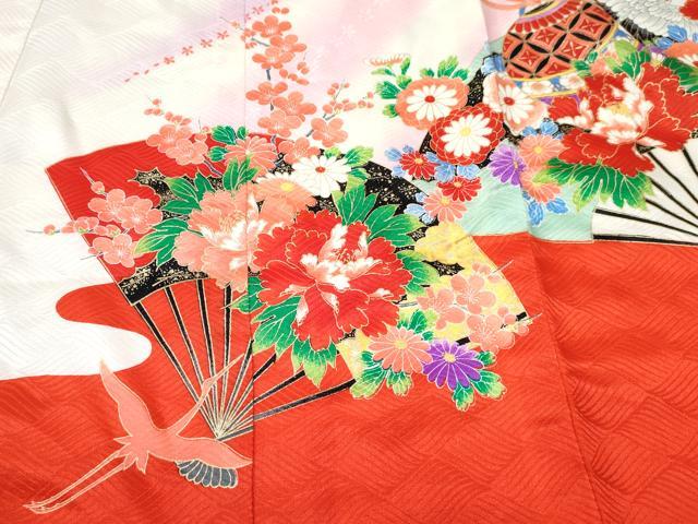 平和屋着物[]お宮参り　女の子　祝着　産着　初着　のしめ　扇面飛鶴鞠花文　暈し染め　金彩　逸品　DABE7398ma