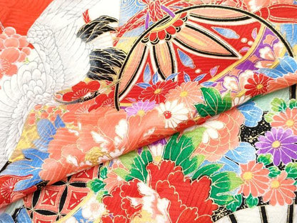 平和屋着物[]お宮参り　女の子　祝着　産着　初着　のしめ　扇面飛鶴鞠花文　暈し染め　金彩　逸品　DABE7398ma