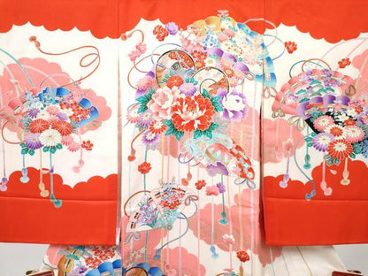 平和屋着物[]お宮参り　女の子　祝着　産着　初着　のしめ　檜扇花文　金彩　逸品　DABE7402ma