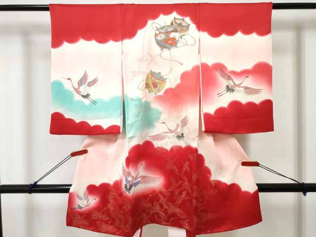 平和屋着物[]お宮参り　女の子　祝着　産着　初着　のしめ　寿光織　飛鶴糸車花文　暈し染め　金銀糸　逸品　DABE7405ma