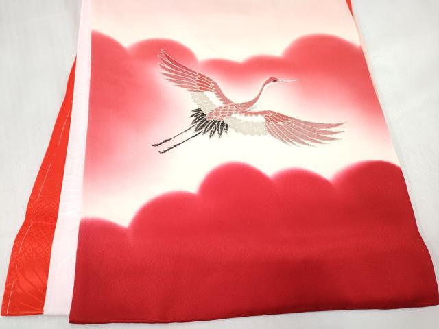 平和屋着物[]お宮参り　女の子　祝着　産着　初着　のしめ　寿光織　飛鶴糸車花文　暈し染め　金銀糸　逸品　DABE7405ma