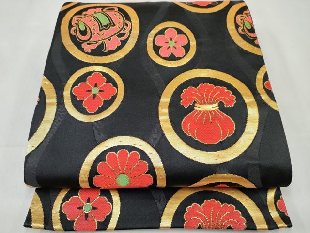 平和屋着物[]女の子　子供　全通柄袋帯　鼓花丸文　黒地　金糸　逸品　DABE7408ma