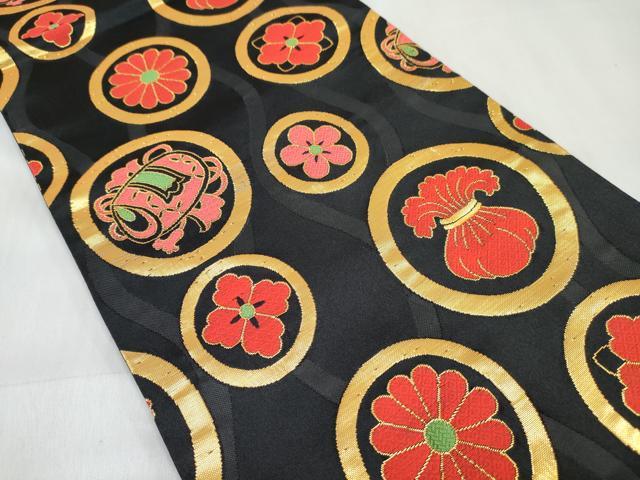 平和屋着物[]女の子　子供　全通柄袋帯　鼓花丸文　黒地　金糸　逸品　DABE7408ma