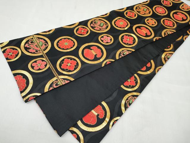 平和屋着物[]女の子　子供　全通柄袋帯　鼓花丸文　黒地　金糸　逸品　DABE7408ma