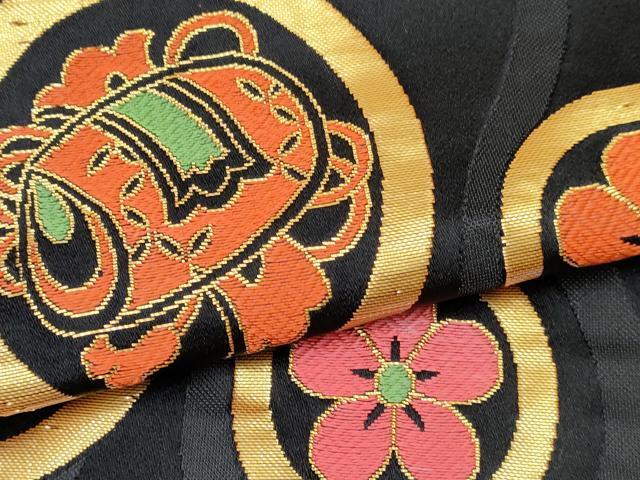 平和屋着物[]女の子　子供　全通柄袋帯　鼓花丸文　黒地　金糸　逸品　DABE7408ma