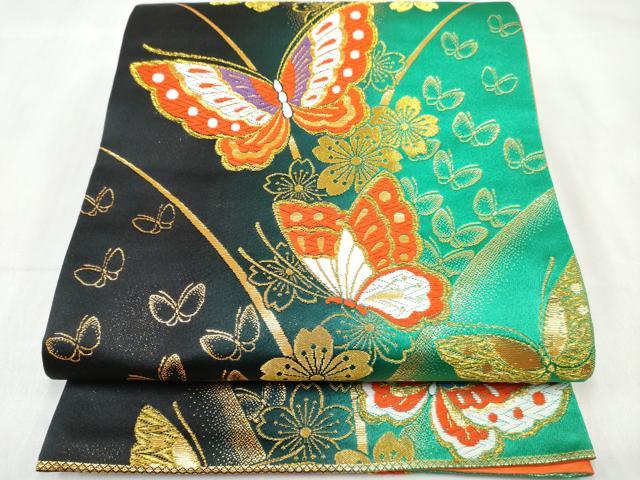 平和屋着物[]女の子　子供　全通柄袋帯　花蝶文　黒地　金糸　逸品　DABE7411ma