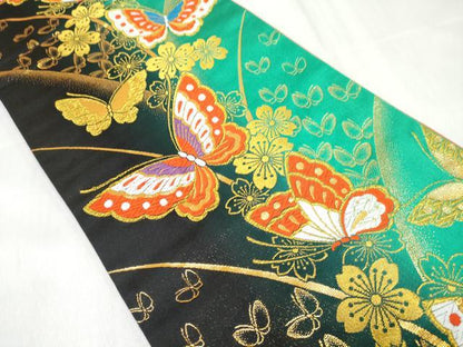 平和屋着物[]女の子　子供　全通柄袋帯　花蝶文　黒地　金糸　逸品　DABE7411ma