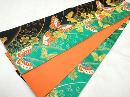 平和屋着物[]女の子　子供　全通柄袋帯　花蝶文　黒地　金糸　逸品　DABE7411ma