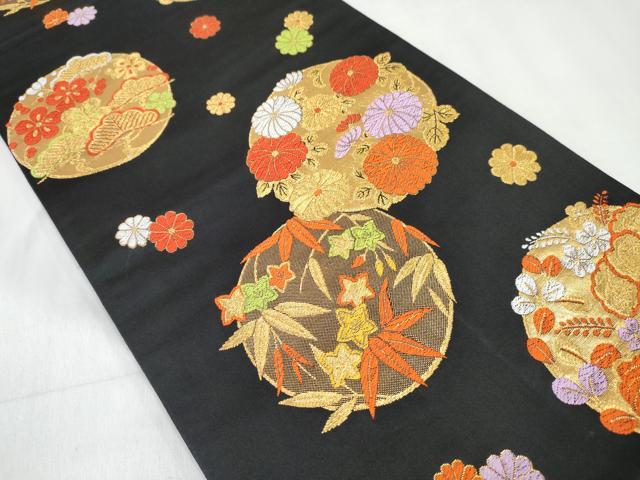 平和屋着物[]女の子　子供　全通柄袋帯　松竹梅　花丸文　黒地　金糸　逸品　DABE7412ma