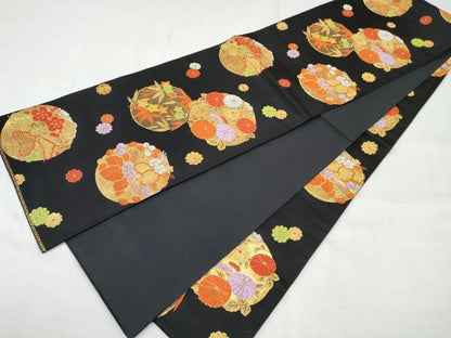 平和屋着物[]女の子　子供　全通柄袋帯　松竹梅　花丸文　黒地　金糸　逸品　DABE7412ma