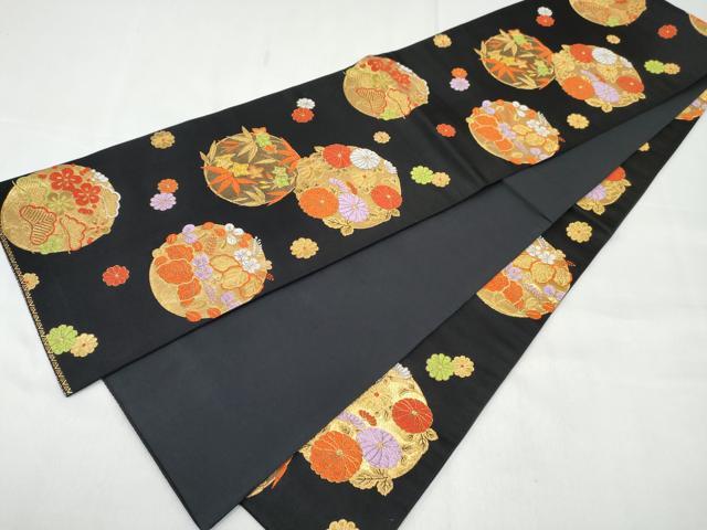 平和屋着物[]女の子　子供　全通柄袋帯　松竹梅　花丸文　黒地　金糸　逸品　DABE7412ma