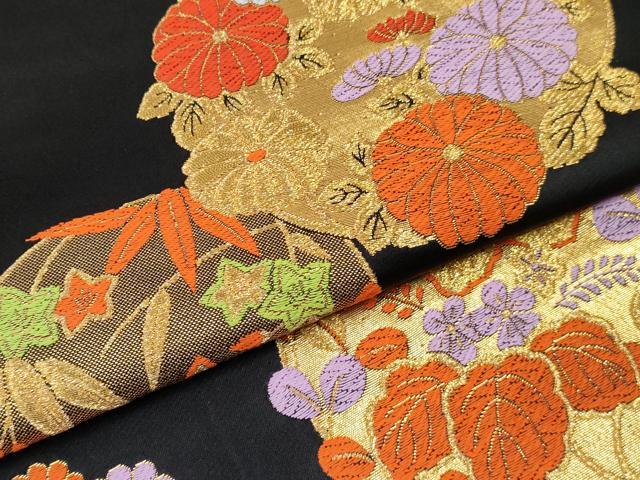 平和屋着物[]女の子　子供　全通柄袋帯　松竹梅　花丸文　黒地　金糸　逸品　DABE7412ma
