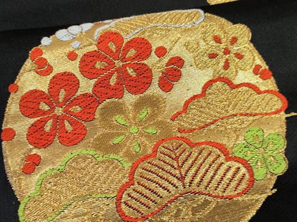 平和屋着物[]女の子　子供　全通柄袋帯　松竹梅　花丸文　黒地　金糸　逸品　DABE7412ma
