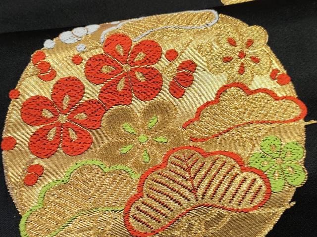 平和屋着物[]女の子　子供　全通柄袋帯　松竹梅　花丸文　黒地　金糸　逸品　DABE7412ma