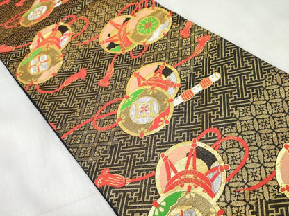 平和屋着物[]女の子　子供　全通柄袋帯　横笛鼓花文　金銀糸　逸品　DABE7413ma