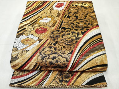平和屋着物[]女の子　子供　全通柄袋帯　流水花文　黒地　金糸　逸品　DABE7421ma