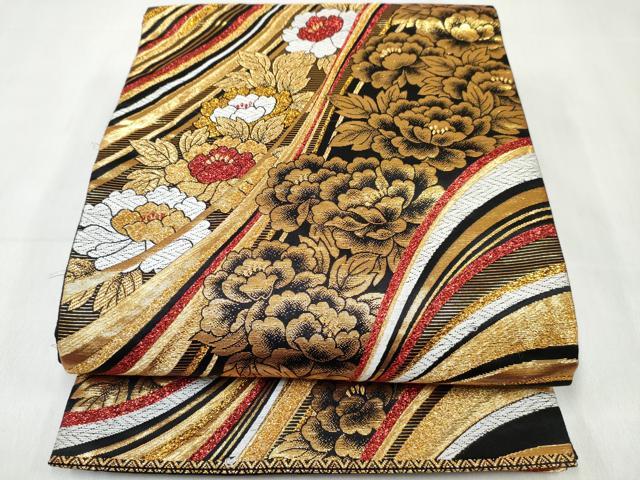 平和屋着物[]女の子 子供 全通柄袋帯 流水花文 黒地 金糸 逸品 DABE7421ma