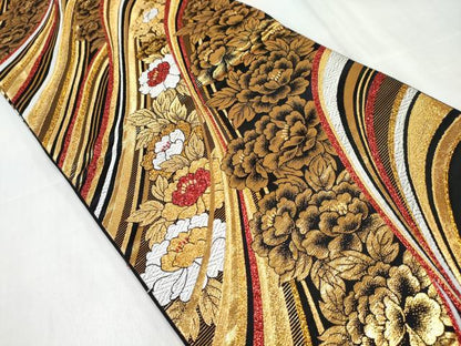 平和屋着物[]女の子　子供　全通柄袋帯　流水花文　黒地　金糸　逸品　DABE7421ma