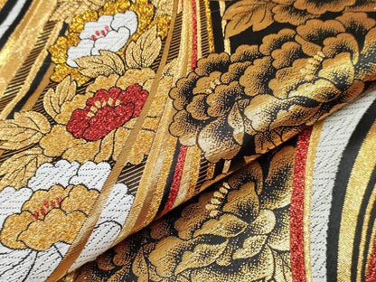 平和屋着物[]女の子　子供　全通柄袋帯　流水花文　黒地　金糸　逸品　DABE7421ma