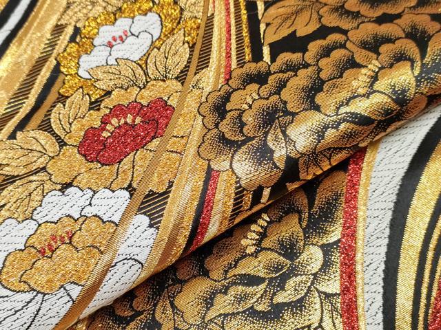 平和屋着物[]女の子　子供　全通柄袋帯　流水花文　黒地　金糸　逸品　DABE7421ma