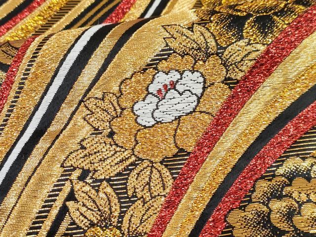 平和屋着物[]女の子　子供　全通柄袋帯　流水花文　黒地　金糸　逸品　DABE7421ma