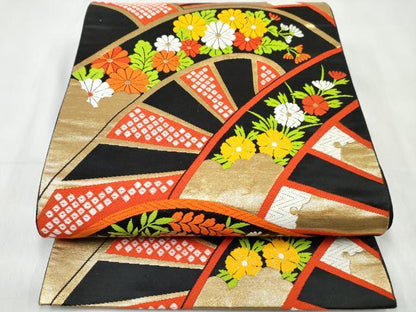 平和屋着物[]女の子 子供 全通柄袋帯 片輪車花文 黒地 金糸 逸品 DABE7422ma