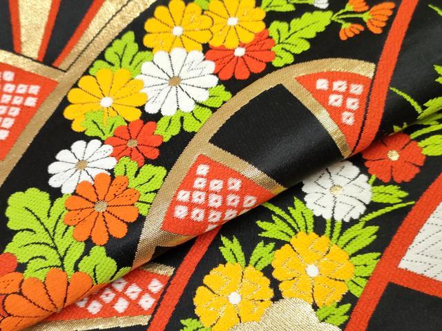 平和屋着物[]女の子　子供　全通柄袋帯　片輪車花文　黒地　金糸　逸品　DABE7422ma