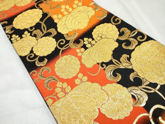 平和屋着物[]女の子　子供　全通柄袋帯　菊桐唐草文　黒地　金糸　逸品　DABE7424ma