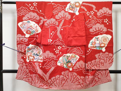平和屋着物[]七五三　女の子　３歳　祝着　三つ身　絞り　扇鼓鞠花文　金彩　逸品　DABE7426ma