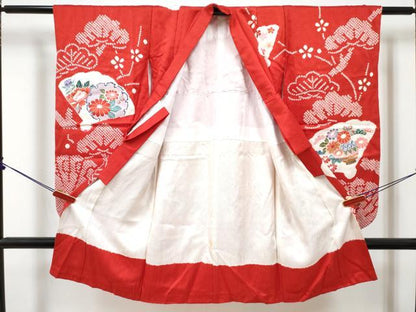 平和屋着物[]七五三　女の子　３歳　祝着　三つ身　絞り　扇鼓鞠花文　金彩　逸品　DABE7426ma
