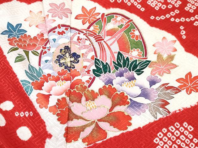 平和屋着物[]七五三　女の子　３歳　祝着　三つ身　絞り　扇鼓鞠花文　金彩　逸品　DABE7426ma