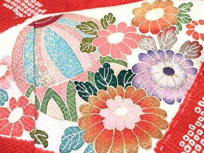 平和屋着物[]七五三　女の子　３歳　祝着　三つ身　絞り　扇鼓鞠花文　金彩　逸品　DABE7426ma