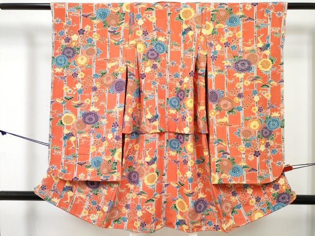 平和屋着物[]七五三　女の子　３歳　祝着　三つ身　型染　松竹梅　花鳥文　逸品　DABE7428ma