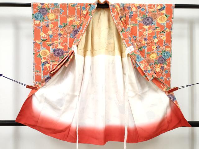 平和屋着物[]七五三　女の子　３歳　祝着　三つ身　型染　松竹梅　花鳥文　逸品　DABE7428ma