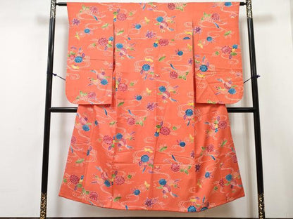 平和屋着物∵女の子　十三参り　子供　祝着　型染　流水花文　逸品　DABE7433ma