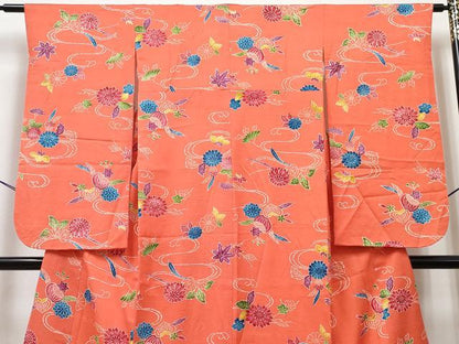 平和屋着物∵女の子　十三参り　子供　祝着　型染　流水花文　逸品　DABE7433ma