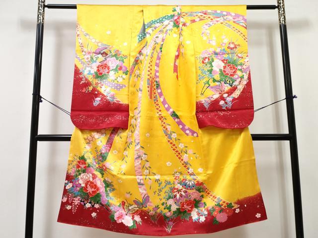 平和屋着物[]七五三　女の子　７歳　祝着　四つ身　舞蝶花車文　金銀彩　DABE7435ma