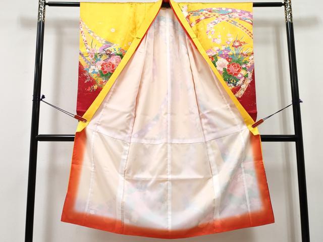 平和屋着物[]七五三　女の子　７歳　祝着　四つ身　舞蝶花車文　金銀彩　DABE7435ma
