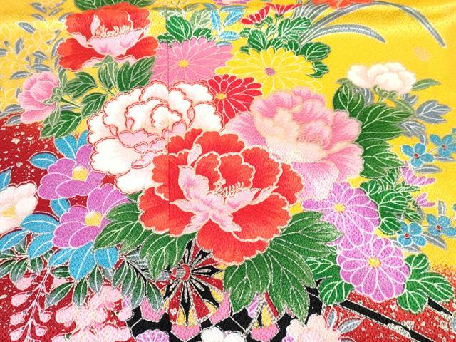 平和屋着物[]七五三　女の子　７歳　祝着　四つ身　舞蝶花車文　金銀彩　DABE7435ma