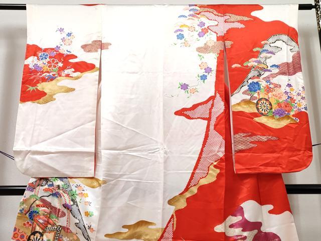 平和屋着物[]七五三　女の子　７歳　祝着　四つ身　駒刺繍　御所車花文　金彩　DABE7436ma