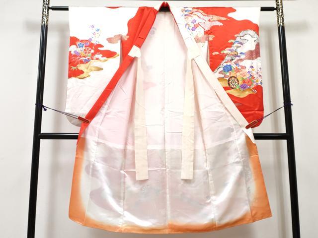 平和屋着物[]七五三　女の子　７歳　祝着　四つ身　駒刺繍　御所車花文　金彩　DABE7436ma