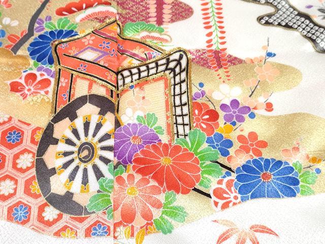 平和屋着物[]七五三　女の子　７歳　祝着　四つ身　駒刺繍　御所車花文　金彩　DABE7436ma