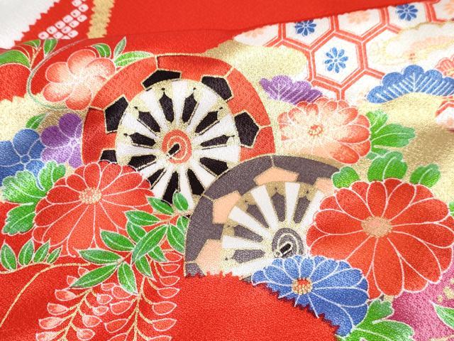 平和屋着物[]七五三　女の子　７歳　祝着　四つ身　駒刺繍　御所車花文　金彩　DABE7436ma