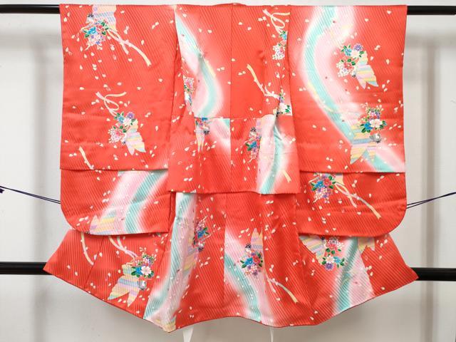 平和屋着物[]七五三　女の子　７歳　祝着　四つ身　人物花蝶文　暈し染め　金彩　逸品　DABE7440ma