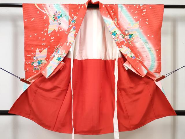 平和屋着物[]七五三　女の子　７歳　祝着　四つ身　人物花蝶文　暈し染め　金彩　逸品　DABE7440ma