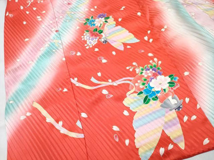 平和屋着物[]七五三　女の子　７歳　祝着　四つ身　人物花蝶文　暈し染め　金彩　逸品　DABE7440ma