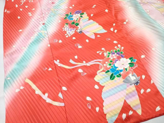 平和屋着物[]七五三　女の子　７歳　祝着　四つ身　人物花蝶文　暈し染め　金彩　逸品　DABE7440ma